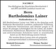 Traueranzeige Bartholomäus Lainer