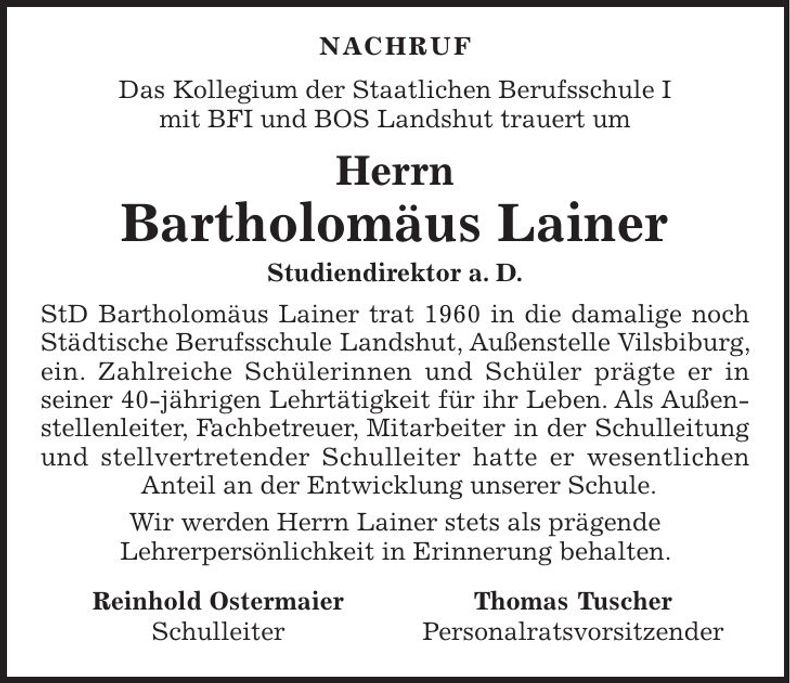 Traueranzeige Bartholomäus Lainer