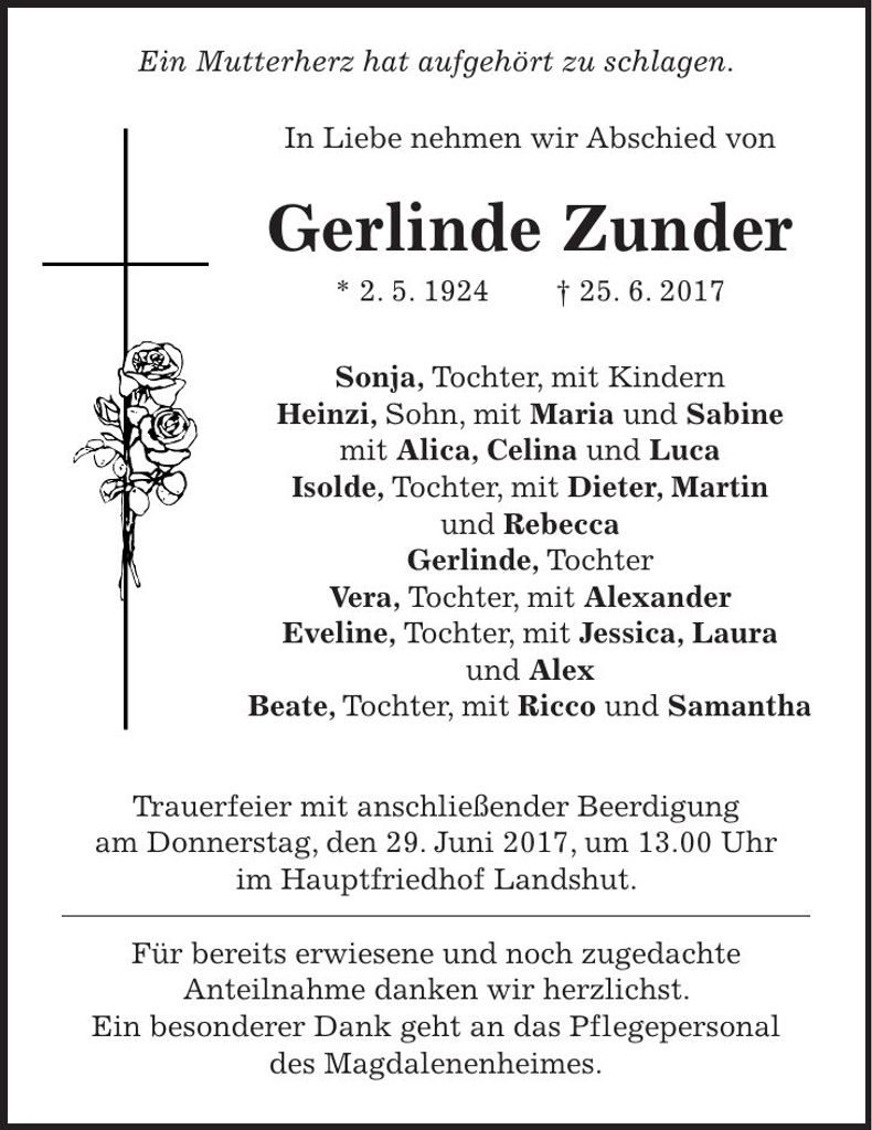 Traueranzeige Gerlinde Zunder