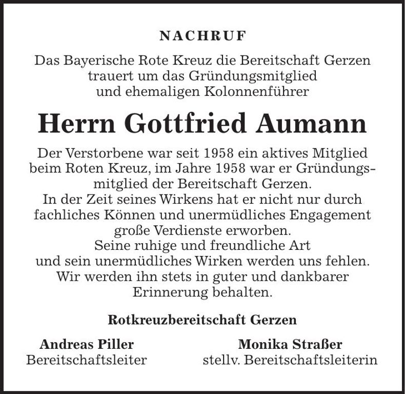 Traueranzeige Gottfried Aumann