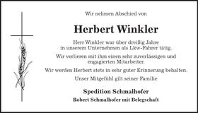 Traueranzeige Herbert Winkler