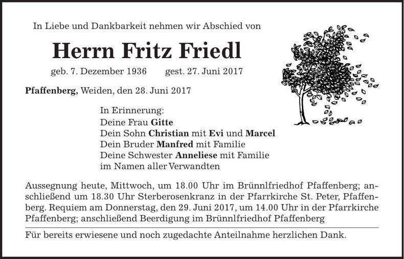 Traueranzeige Fritz Friedl