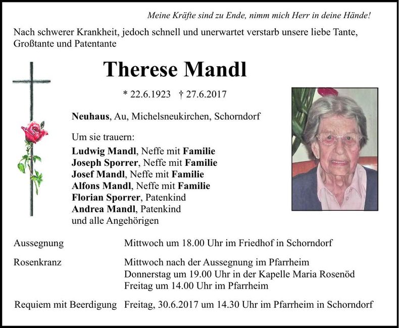 Traueranzeige Therese Mandl
