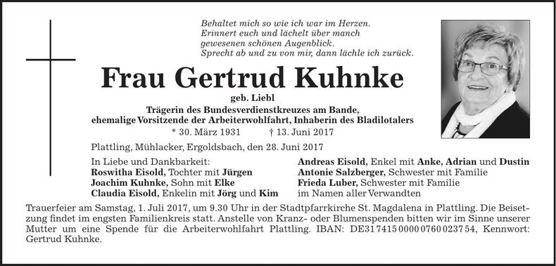 Traueranzeige Gertrud Kuhnke