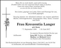 Traueranzeige Kreszentia Langer