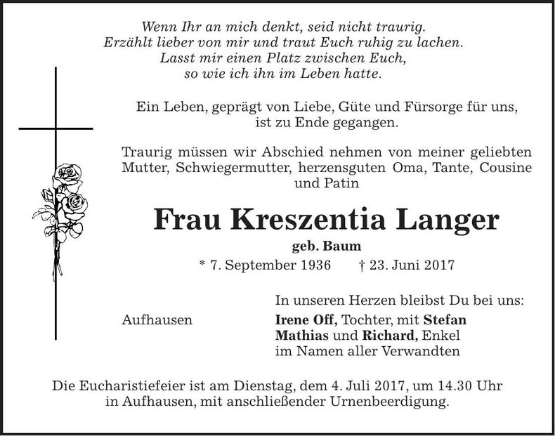 Traueranzeige Kreszentia Langer