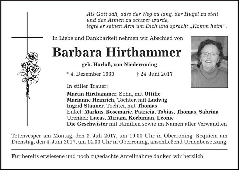 Traueranzeige Barbara Hirthammer