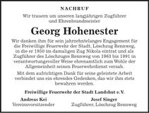 Traueranzeige Georg Hohenester