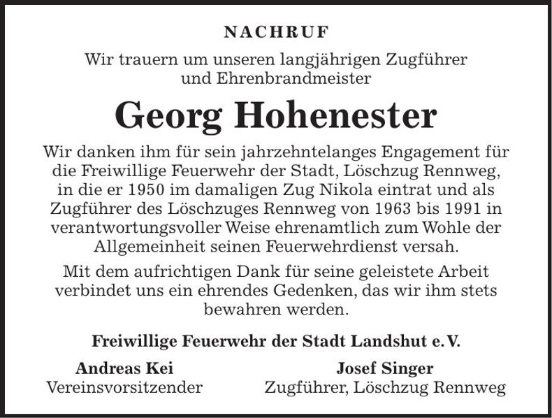 Traueranzeige Georg Hohenester