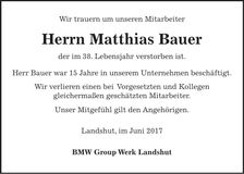 Traueranzeige Matthias Bauer