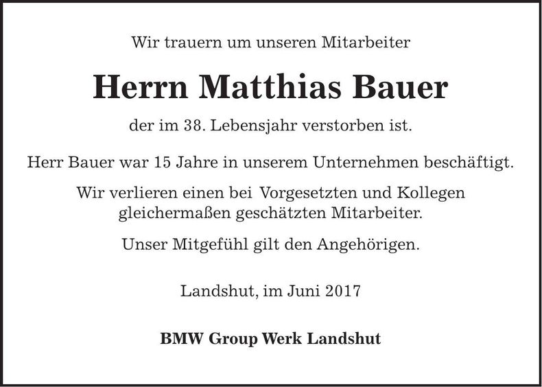 Traueranzeige Matthias Bauer