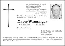 Traueranzeige Xaver Wanninger
