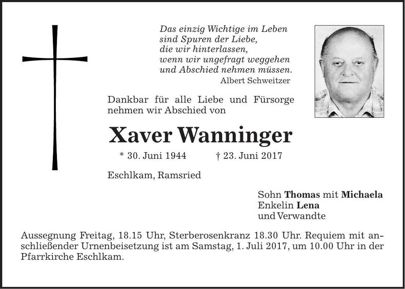 Traueranzeige Xaver Wanninger