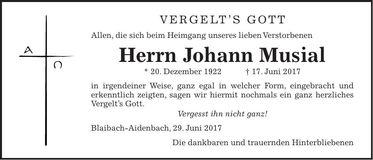 Traueranzeige Johann Musial