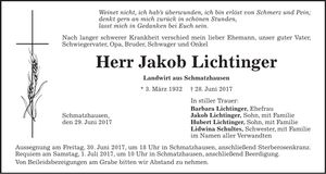 Traueranzeige Jakob Lichtinger