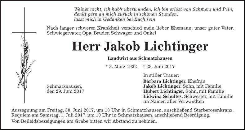 Traueranzeige Jakob Lichtinger