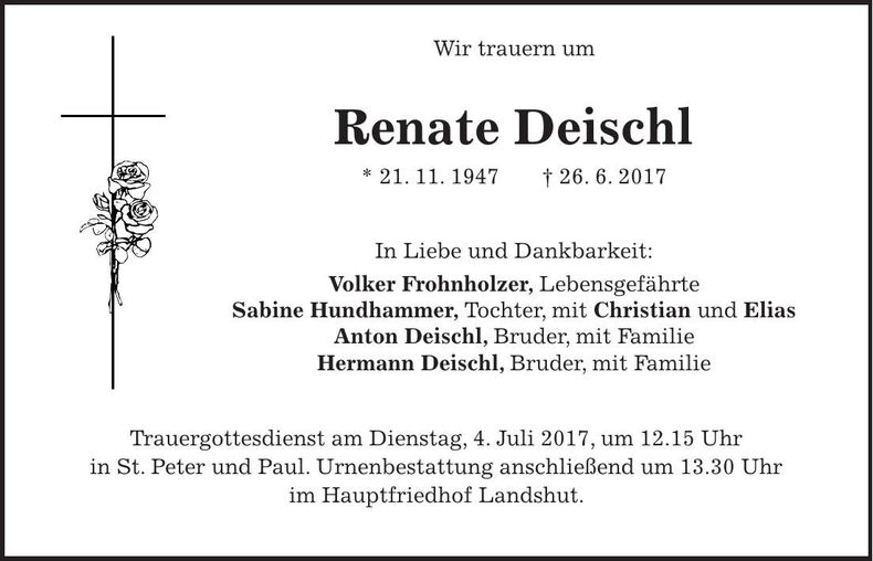 Traueranzeige Renate Deischl