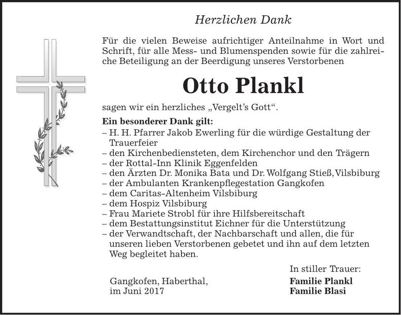 Traueranzeige Otto Plankl
