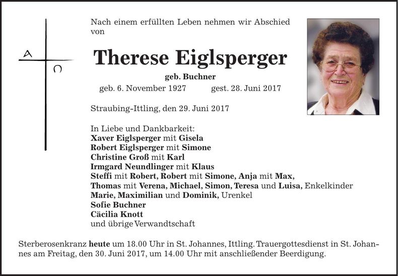 Traueranzeige Therese Eiglsperger