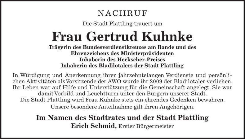 Traueranzeige Gertrud Kuhnke