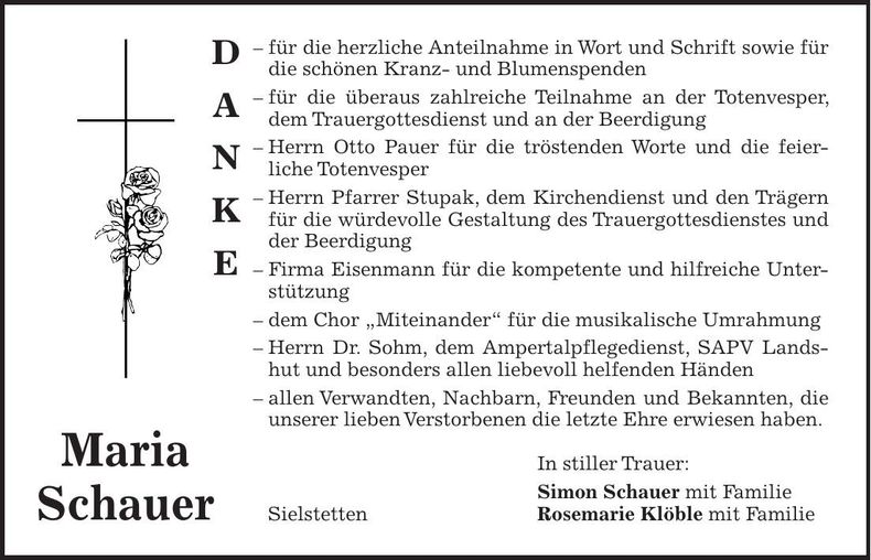 Traueranzeige Maria Schauer