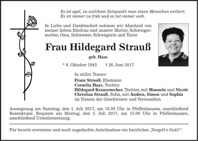 Traueranzeige Hildegard Strauß