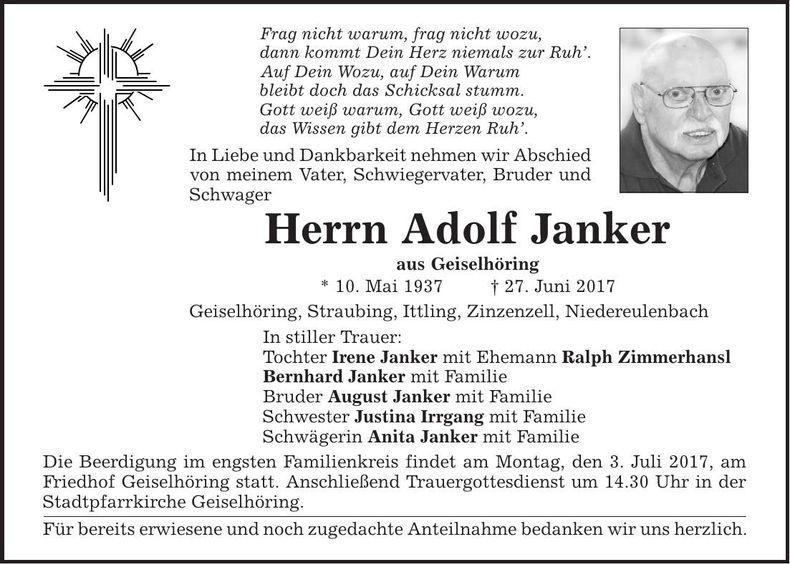 Traueranzeige Adolf Janker