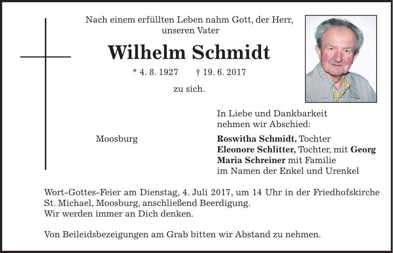 Traueranzeige Wilhelm Schmidt