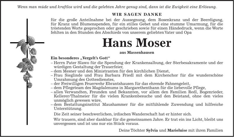 Traueranzeige Hans Moser