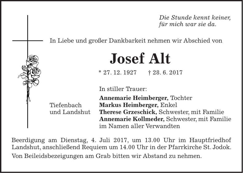 Traueranzeige Josef Alt