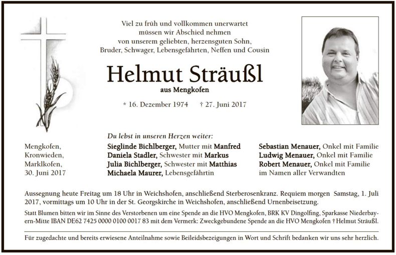 Traueranzeige Helmut Sträußl