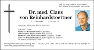 Traueranzeige Claus von Reinhardstoettner Dr.