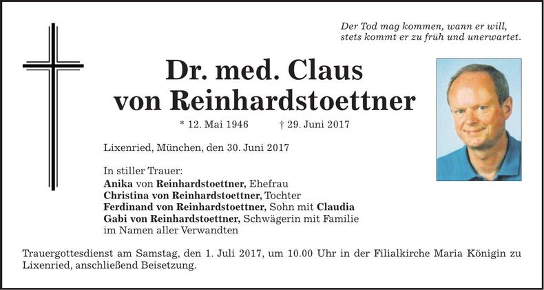 Traueranzeige Claus von Reinhardstoettner Dr.