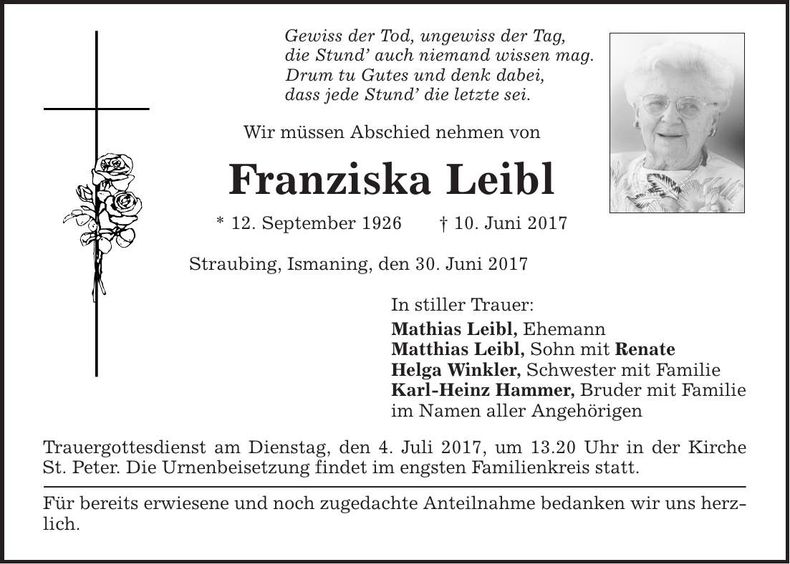 Traueranzeige Franziska Leibl