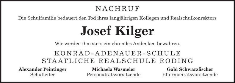 Traueranzeige Josef Kilger