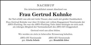 Traueranzeige Getrud Kuhnke