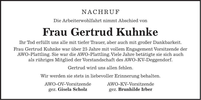 Traueranzeige Getrud Kuhnke