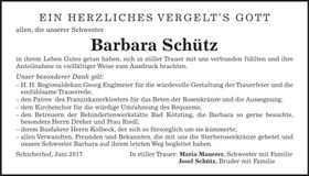 Traueranzeige Barbara Schütz