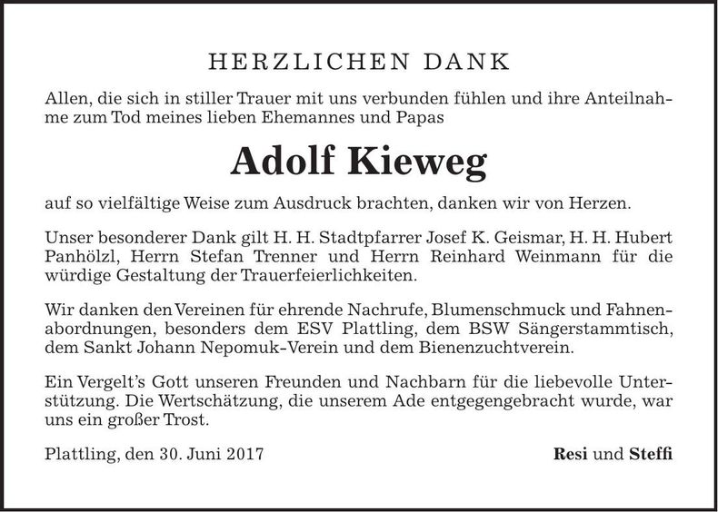 Traueranzeige Adolf Kieweg