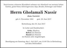 Traueranzeige Gholamali Nassir