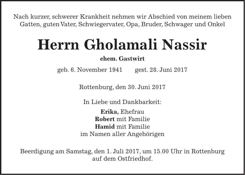 Traueranzeige Gholamali Nassir