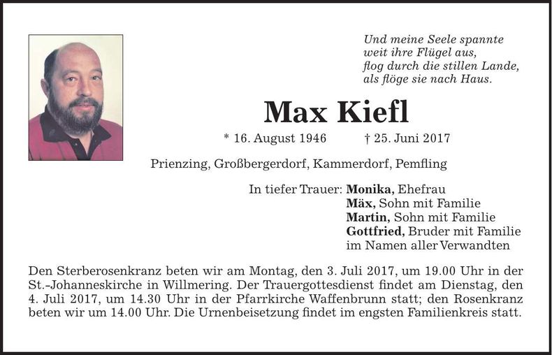 Traueranzeige Max Kiefl