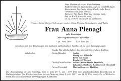 Traueranzeige Anna Plenagl