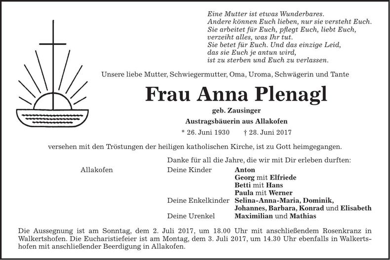 Traueranzeige Anna Plenagl