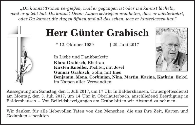 Traueranzeige Günter Grabisch