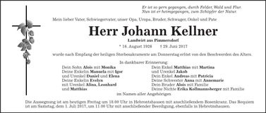 Traueranzeige Johann Kellner