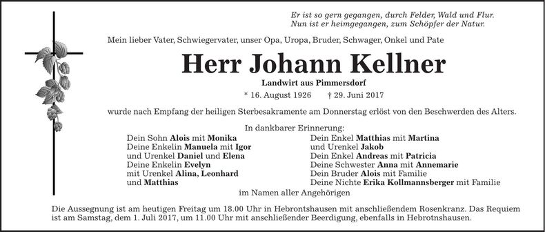 Traueranzeige Johann Kellner