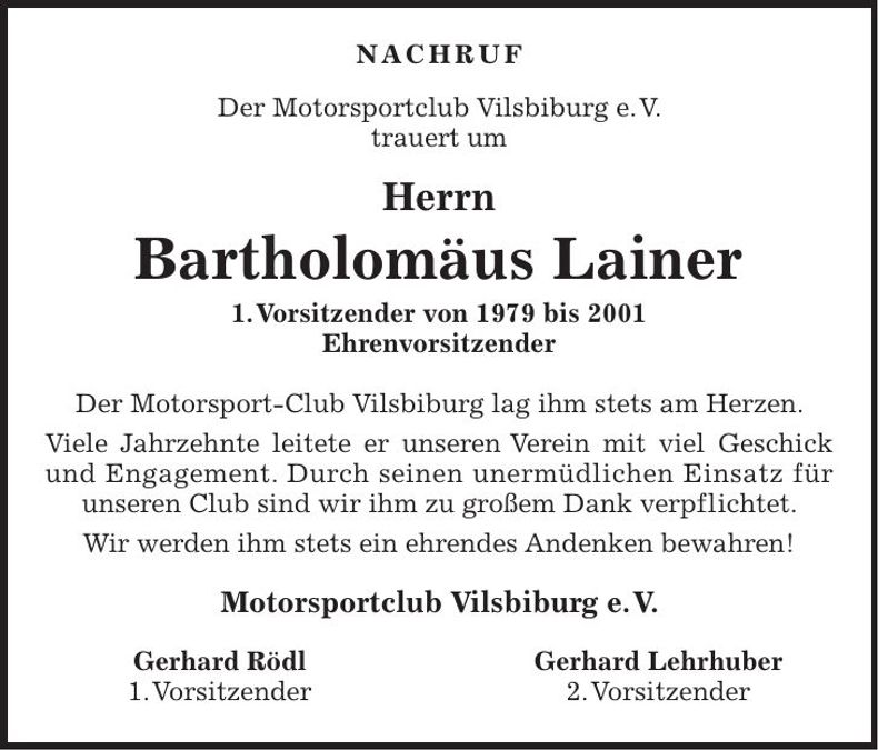 Traueranzeige Bartholomäus Lainer