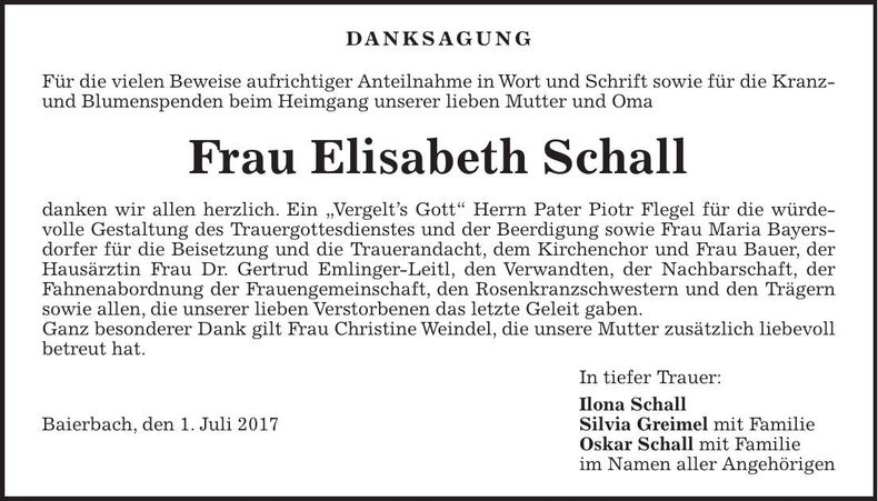 Traueranzeige Elisabeth Schall