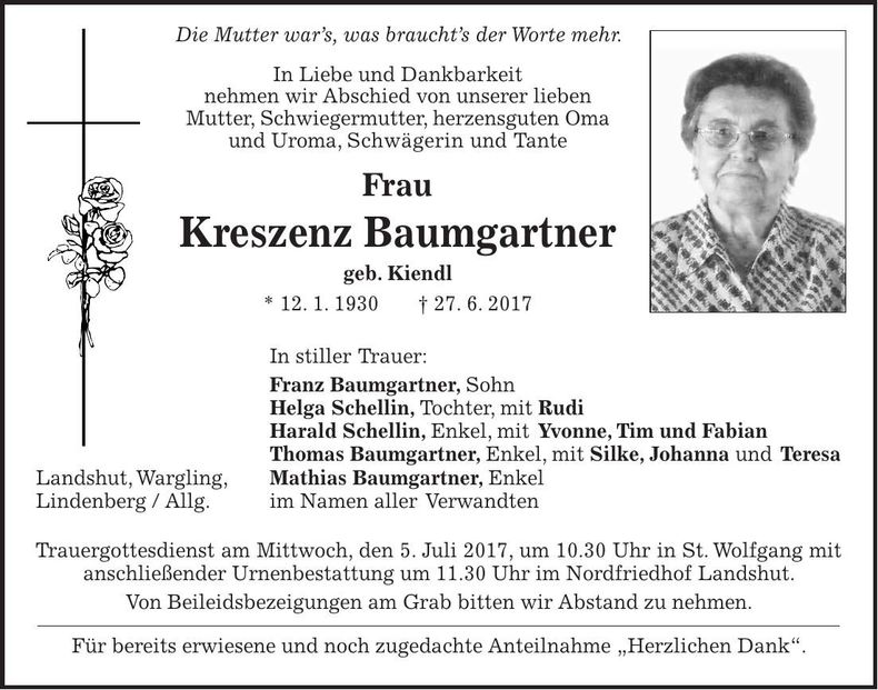 Traueranzeige Kreszenz Baumgartner